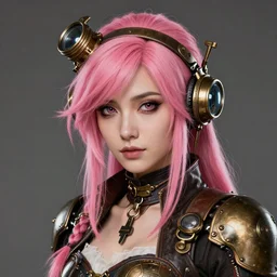 a portrait of a steampunk woman with pink hair, digital art, hyperrealistic