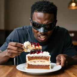 angry black guy wearing ski mask takes slice of cake