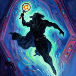 a true hero on the run from a drainer sentinel, sinking into madness, wrapped in black, clutching a hopespark-chakram in the drifting void hallways. Fantasy Tron sci-fi illustration, vibrant neon gouache painting, by Edvard Junjiito Picasso and Gustave Dore and Carl Critchlow
