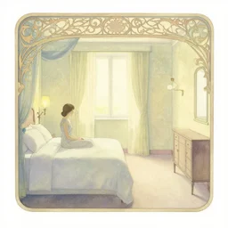a lonely girl in a liminal hotel room, watercolor by pontormo, limited color palette, very intricate, art nouveau, highly detailed, lights by hopper, soft pastel colors, minimalist