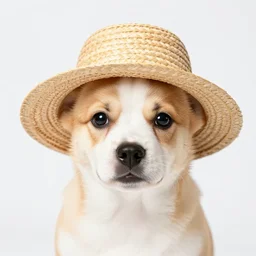 a puppy wearing a strawhat