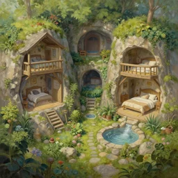 painting of a series of opposing living quarters overlooking communal area carved into a mountain, lush garden with hot spring between, cozy bed, well maintained, clean, medieval, fantasy genre, natural light, fantasy, natural light, concept art, by greg rutkowski and craig mullins, cozy atmospheric and cinematic lighting, trending on artstation