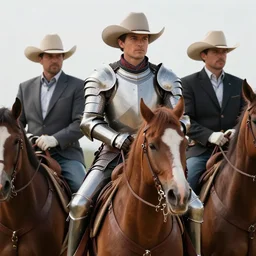 close up of three cowboy outriders on horseback wearing suits of armor and cowboy hats, sun rays, by Greg Rutkowski, 4k, masterpiece