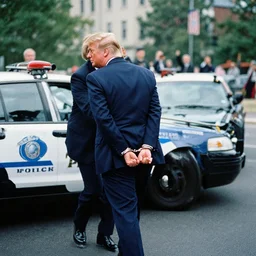 Donald Trump being handcuffed and walked to a cop car, 35mm film, dslr photography
