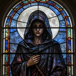 hooded figure in the style of a stained glass window, full moon, intricate, highly detailed, artstation 4k