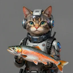 a portrait of an anthropomorphic cyberpunk cat holding a salmon, fantasy, elegant, digital painting, artstation, concept art, matte, sharp focus, illustration, art by josan gonzalez