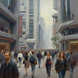 a photograph of a large! crowd! of people! walking down the street of a futuristic city scene, brutalist style architecture, straight edges, shop signs, finely detailed oil painting, impasto brush strokes, soft light, 8 k, dramatic composition, dramatic lighting, sharp focus, octane render, masterpiece, by adrian ghenie and jenny saville and zhang jingna