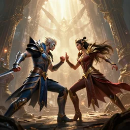 arthas and jaina fight illidan, epic cinematic hyperrealism masterpiece. realistic poster with shaded lighting by craig mallismo, artgerm, jeremy lipkin and michael garmash, unreal engine, radiant light, detailed and complex environment, digital art, art station trends