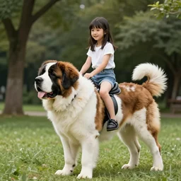 girl riding giant saint Bernard in the park, trending on artstation