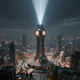 sci - fi city with one large watchtower in the center shining a searchlight, dystopian, wide shot, digital art, detailed
