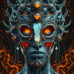 human portrait, face, wearing a carved mineral mask with tiny mineral incrustations, godness, ethereal, opal, cyborg, mechanical, evil elements, baroque, rococo, white, orange, ink, tarot card enviromet, by marc simonetti & peter mohrbacher, cinematics lights, detailed, intricate illustration, octane render, fractal, fine art, golden ratio