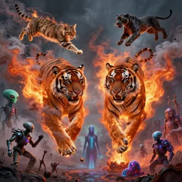 two heads tiger made of smoke, lava and fire flying in the sky ; cat flying in the sky ; panther flying in the sky ; humans being devoured ; aliens, robotic machines, gods, bio - mechanical intelligences, glitch creatures, dmt entity ; lsd art, trending on artstation, style greg rutkowski