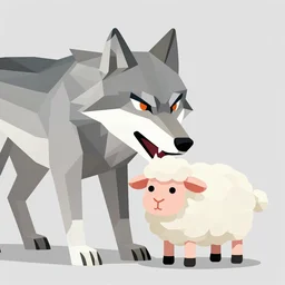 a vector geometric art, angry wolf biting a cute sheep