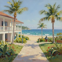 a beautiful painting of a resort resort leading to a view of the beach, by greg rutkowski