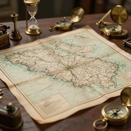 old map on a table surrounded by small aparatus, compass, hourglass, sextant, bokeh, focus on map, hyperdetailed, sharp, artstation, photorealistic