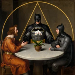 renaissance painting of a person having a discussion with batman from the cartoon in the middle of a round table, one white orchid in the middle of the table, golden ratio, rule of third