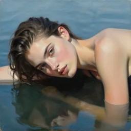 3 d, close - up, fashion model lying on the water, photorealistic, oil painting, matte, by mario testino and peter lindbergh