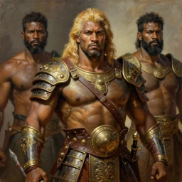 a powerful and muscular make igbo warrior , half body portrait, blond hair, ornate armour, realistic oil painting by Thomas Cole and Wayne Barlowe and Boris Valejo