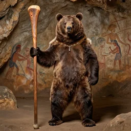 prehistoric mark e smith wearing bear skin and holding a large wooden club, cave background with cave paintings, photograph