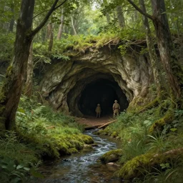 1 2 3 4 cave entrance surrounded by trees with a small water stream coming out of it, fantasy, highly detailed, art by greg rutkowski