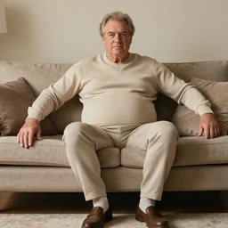 full body photo of older handsome lord robert. he is sitting gracefully on a sofa, he is wear elegant elastic. fitted for his awesome fluffy belly. oh he is a human by the way, wear's beige shirt, has firm skin and big bouncy belly