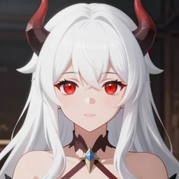 white hair, red eyes, two small horn on the head, anime style, anime girl