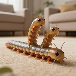three headed centipede crawling in the living room, realistic, photograph, detailed, high resolution, 4 k, focus, smooth, artstation