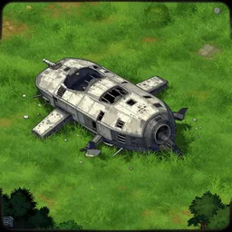 wreckage of a spaceship that has crashed on an grass field, from a space themed point and click 2 d graphic adventure game, set design slightly inspired by hg giger, art inspired by william lionel wyllie