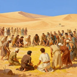 detailed digital painting of a crowd of jews in the desert harvesting manna, yellow orange and blue color scheme, by karol bak craig mullins and ross trann