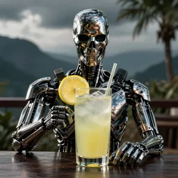 the terminator enjoying a glass of lemonade, hyper realistic, RTX, cinematic