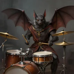 anthropomorphic art of a bat playing the drum set, medieval clothing by artgerm, victo ngai, ryohei hase, artstation, highly detailed digital painting, smooth, global illumination, fantasy art by greg rutkowsky, karl spitzweg