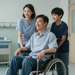 a male patient in a wheelchair in the hospital with his wife and son standing by. happy, cheerful, smiling, intricate, face enhance, sharp focus, cinematic lighting, featured in artistation, 8 k, art by greg rutkowski, emiliya lane