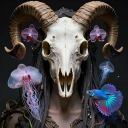 goddess close - up portrait human skull, ram skull, squid phoenix jellyfish, orchid, betta fish, bioluminiscent, intricate artwork by tooth wu and wlop and beeple. octane render, trending on artstation, greg rutkowski very coherent symmetrical artwork. cinematic, hyper realism, high detail, octane render, 8 k