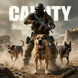 dogs playing call of duty, photorealistic, 8k