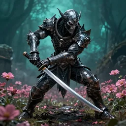 hyperrealistic neo - gothic human monster hybrid, exoskeleton armor, fighting with katana, field of pink flowers, highly detailed digital art masterpiece, vitaly bulgarov dramatic dark teal light, ground angle hd 8 k, sharp focus