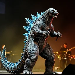 Godzilla as Jimi Hendrix performing on stage at Woodstock, photo
