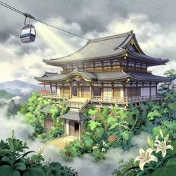 misty clouds, japanese buddhist temple with lush plants and secret doors, wes anderson style hotel temple, magic chairlifts. hyper detailed, architectural concept, full building, dynamic angle, intricate, lineart, cerpuscular rays, lily flowers. by yoshitaka amano, alfons mucha and makoto shinkai. 8 k
