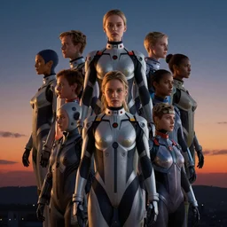 beauty, overlayed, stacked, humanoid cybersuits, dramatic lighting, nightfall, vivid colors, beautiful lighting