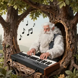 old man white beard playing a synthesizer in a tree house, notes and clefs listening, lowbrow surrealistic, in the style of mark ryden,