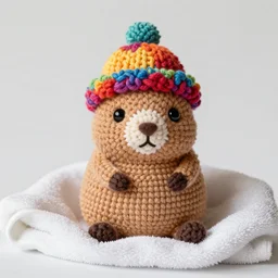 amigurumi of a mole rat with colorful knitted cap sitting in a towel