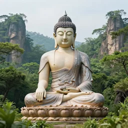 a dreamy image avoloketishvara buddha of compassion meditating in a lush jurassic landscape, 4 k, hyper realistic, in he style of national geographic, coherent design, symmetrical, vivid colour, complementary colour, golden ratio, detailed, sharp lines, intricate, rainbow shift, in unreal 3 d engine, ray tracing, octane render