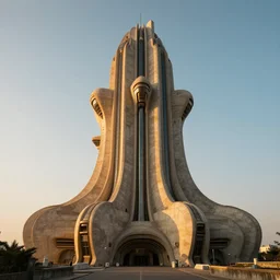 a wide shot of a sci - fi beautiful brutalist monumental building, with many rounded elements sprouting from the base tower creating a feel of an organic structure, photography shot at golden hour
