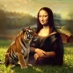 photorealistic dating profile picture of a mona lisa petting a tiger, medium shot, outdoor, golden hour, spectacular back lighting, grass, leica, bokeh