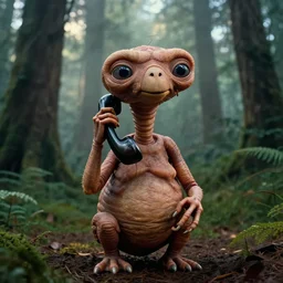 hyperrealistic film still of alf phone home for e. t. in a hollywood forest, hyper detailed, alien atmosphere, mist, lights between trees