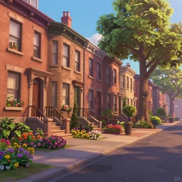 brown stone of residential areas listed in a straight line like pixar animation background of the landscape, two lanes of the size of the lists based on the street, flowers in a flower bed, a big tree by the side of the road, and a warm and comfortable atmosphere, perspective view, 3 d animation background