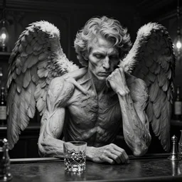 a black and white of a beautiful deeply wistful grown male gray - haired angel with big wings sitting alone in the old bar with one glass of whiskey, 1 5 0 mm, anatomical, flesh, facial muscles, veins, arteries, full frame, microscopic, highly detailed, flesh ornate, elegant, high fashion, rim light, octane render in the style of h. r. giger and man ray