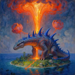 giant flower saurian creature with blue thorns lining his back, with with molten flowing lava levitating above the paradise island. painting by asher brown durand, caspar david friedrich, thomas cole, monet, moebius, henri rousseau, agnes pelton