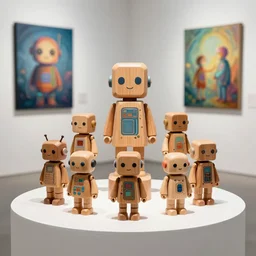 8 k photorealistic a wooden art toys on a pedestal cute robot wooden, cyberpunk concept art contemporary art gallery art by ngai victo