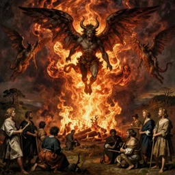 vision of hell with winged demons flying over the flames art by : hieronymus bosch, albrecht durer hans memling leonardo da vinci francisco goya pieter bruegel the elder jan van eyck