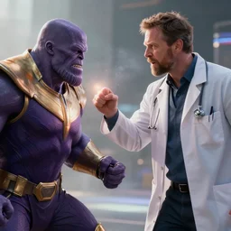 doctor fighting thanos, ultra realistic 4 k unreal engine very cinematic render with ray tracing slight bloom strong ambient occlusion strong reflections depth of field fog